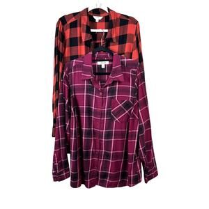 1X Plaid Flannel Shirt Bundle Red Black Check Lace Up Grunge Tops Plus retro